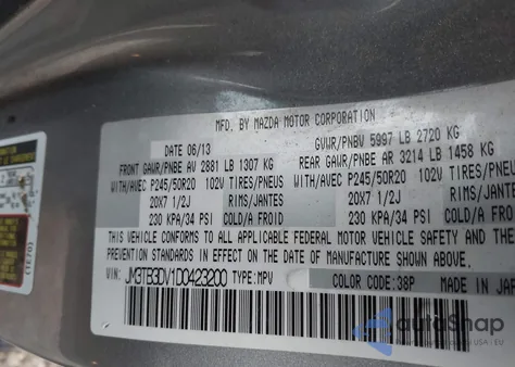 2013 Mazda Cx-9 Grand Touring from USA, damaged, VIN JM3TB3DV1D0423200